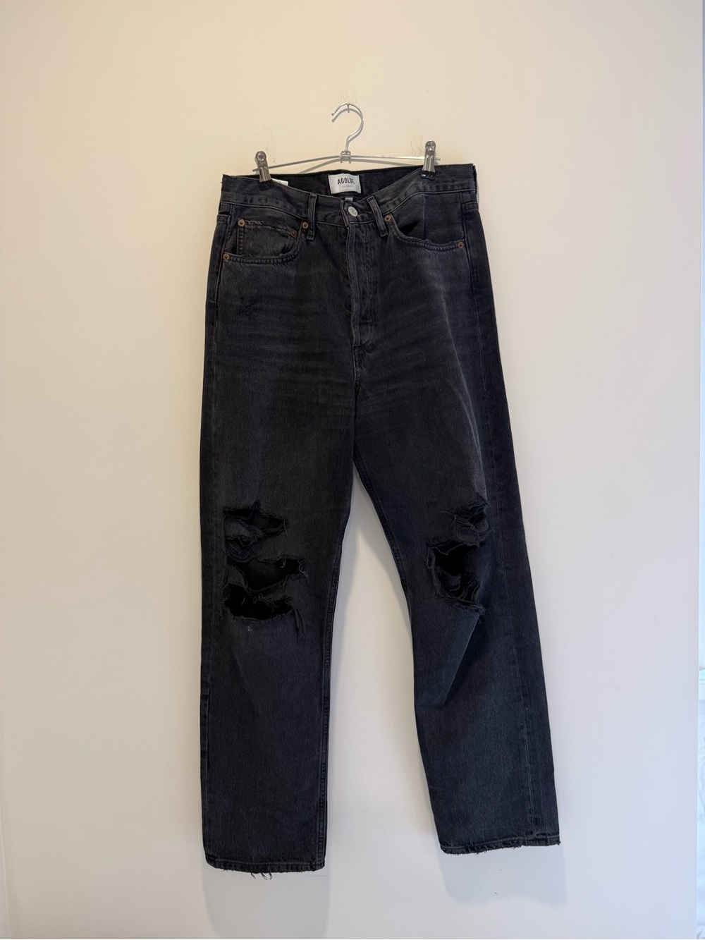 Agolde 90s Black Distressed Straight-Leg High Waisted Jeans